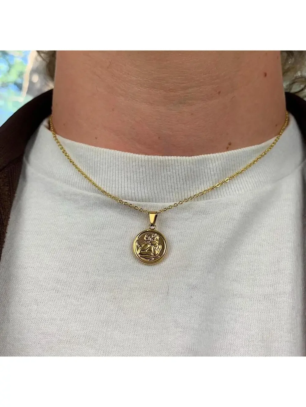 Cute Baby Angel Stainless Steel Gold Plated Circle Pendant y2k 90s style